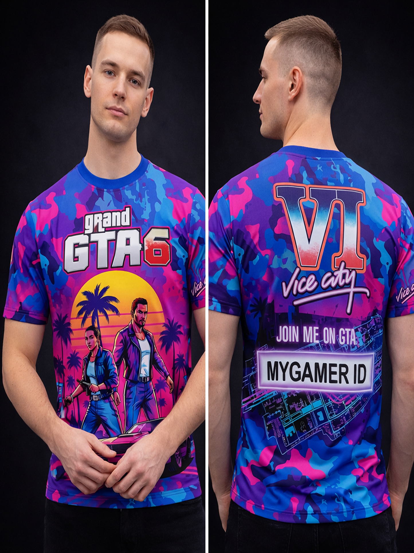 Customized ID or Name GTA Vice City Inspired Gaming T-Shirt For Men & Boys