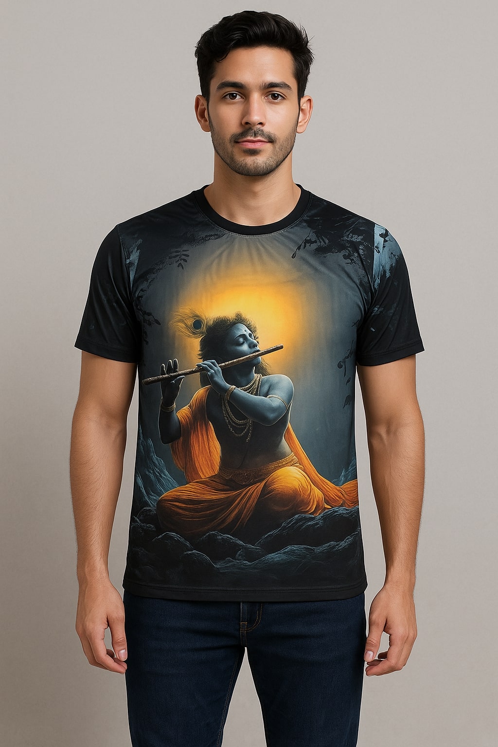 Black Krishna Flute T-shirt For Men/Boy's