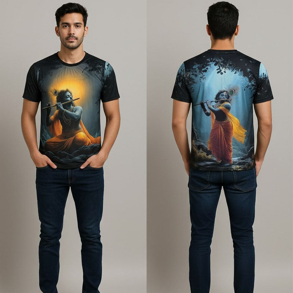 Black Krishna Flute T-shirt For Men/Boy's