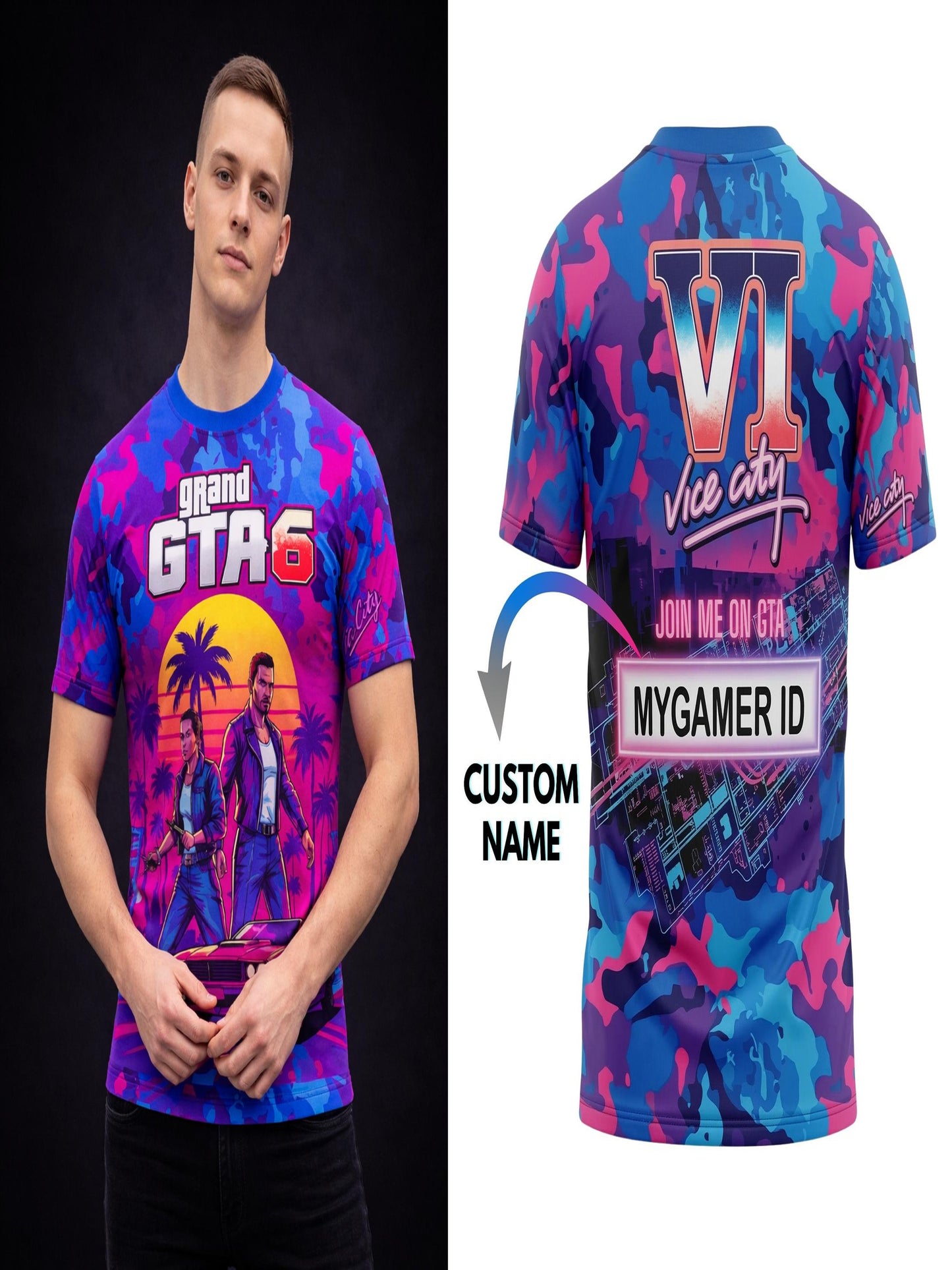 Customized ID or Name GTA Vice City Inspired Gaming T-Shirt For Men & Boys